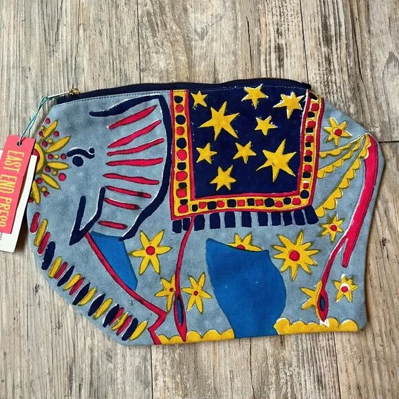 East End Press Elephant Fabric Case Hand Printed Sewn Artistic Pouch Bright - Picture 2 of 6